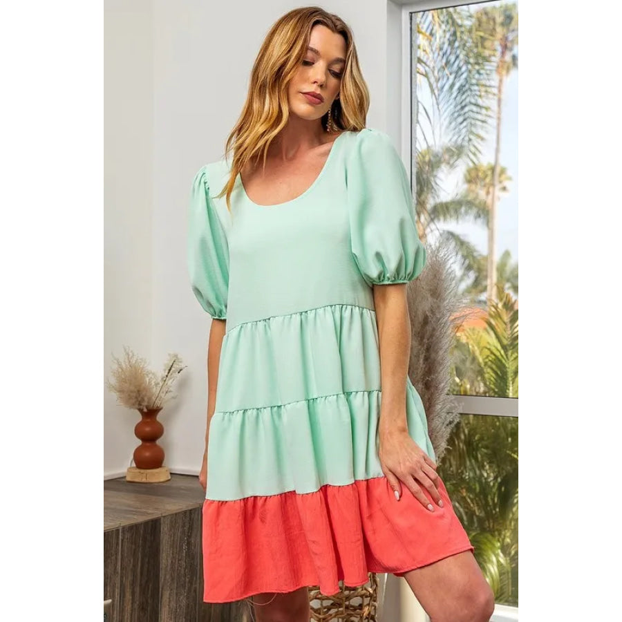 BiBi Two-Tone Balloon Sleeves U Neck Tiered Ruffle Hem Mini Dress Apparel and Accessories