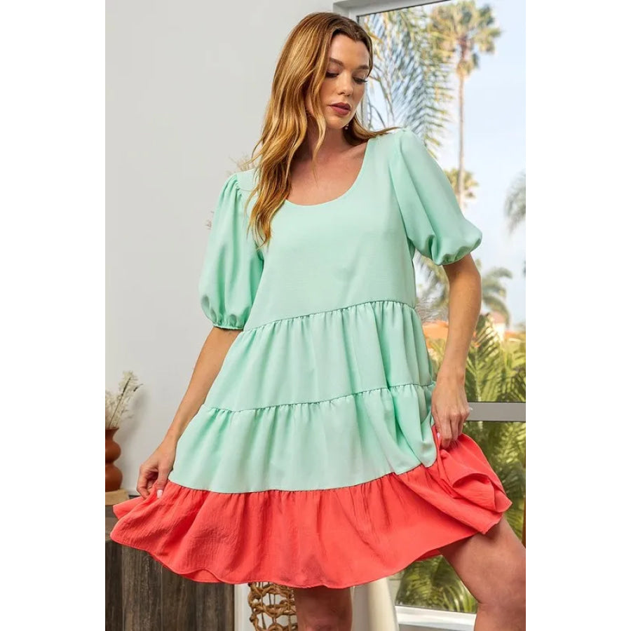 BiBi Two-Tone Balloon Sleeves U Neck Tiered Ruffle Hem Mini Dress Apparel and Accessories