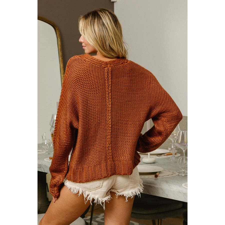 BiBi V-Neck Cable Knit Sweater Cinnamon / S Apparel and Accessories