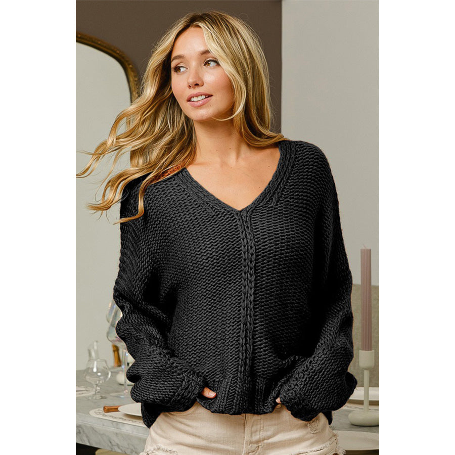 BiBi V-Neck Cable Knit Sweater Black / S Apparel and Accessories