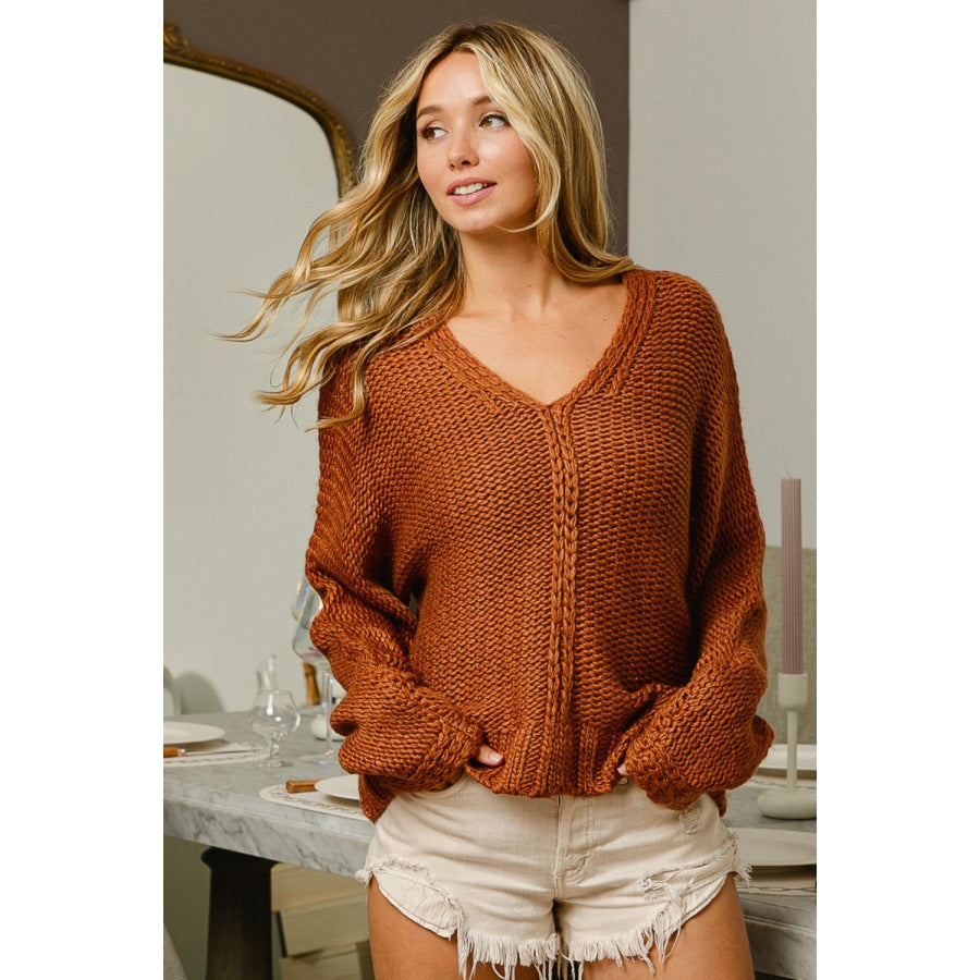 BiBi V-Neck Cable Knit Sweater Cinnamon / S Apparel and Accessories