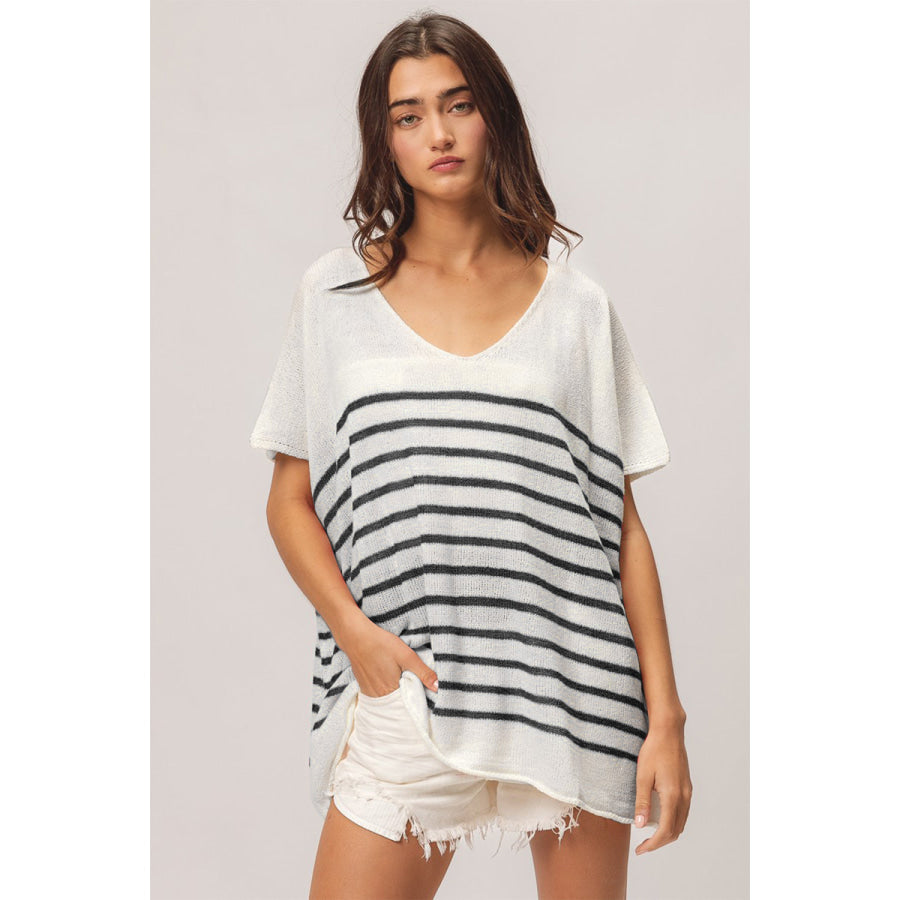 BiBi V Neck Striped Short Sleeve Top Apparel and Accessories