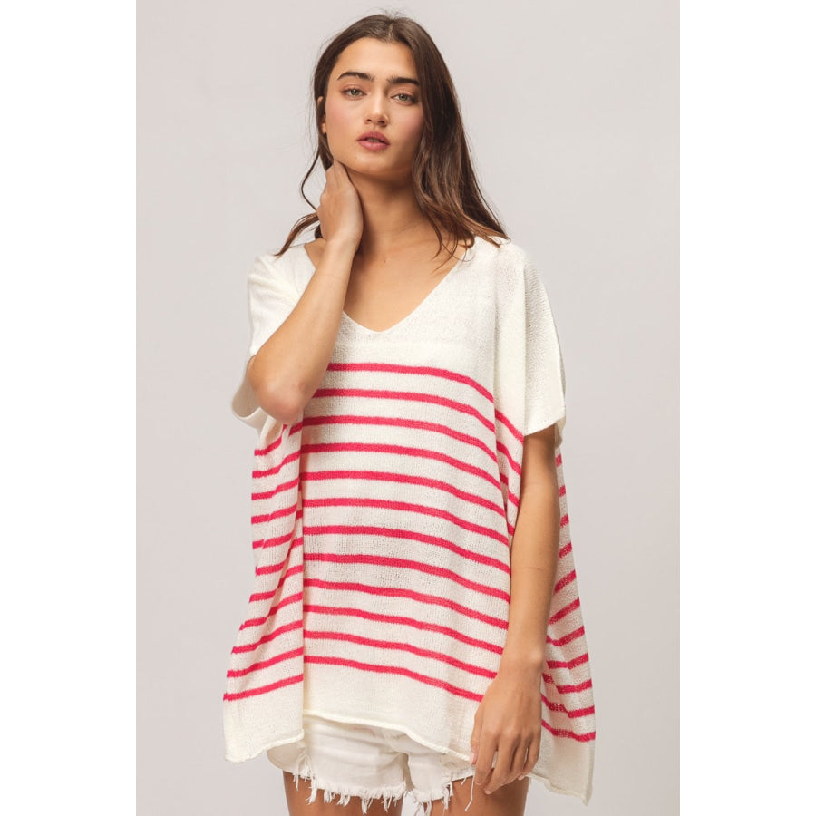 BiBi V Neck Striped Short Sleeve Top Apparel and Accessories