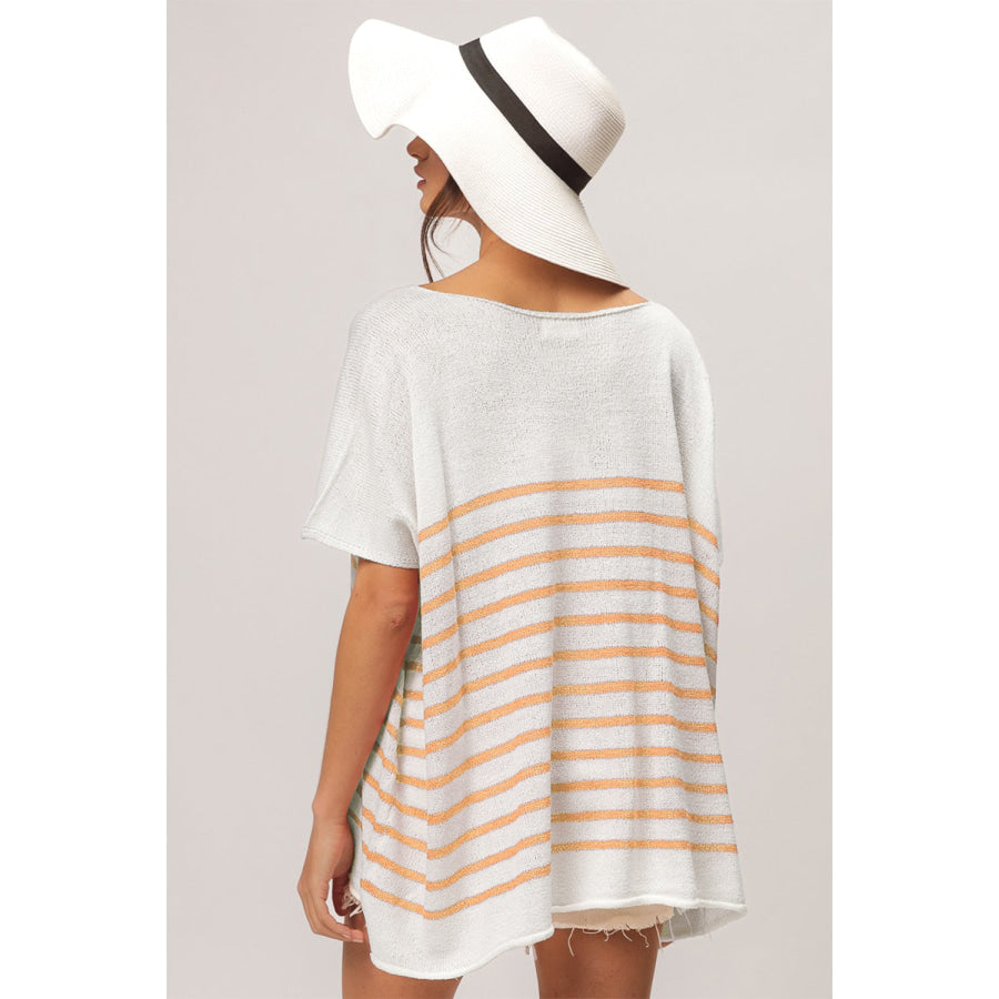 BiBi V Neck Striped Short Sleeve Top Apricot / S Apparel and Accessories