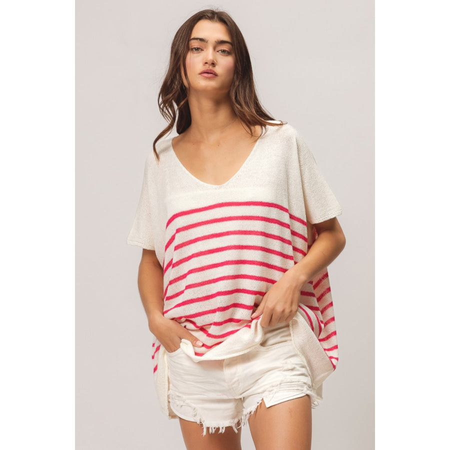 BiBi V Neck Striped Short Sleeve Top Apparel and Accessories