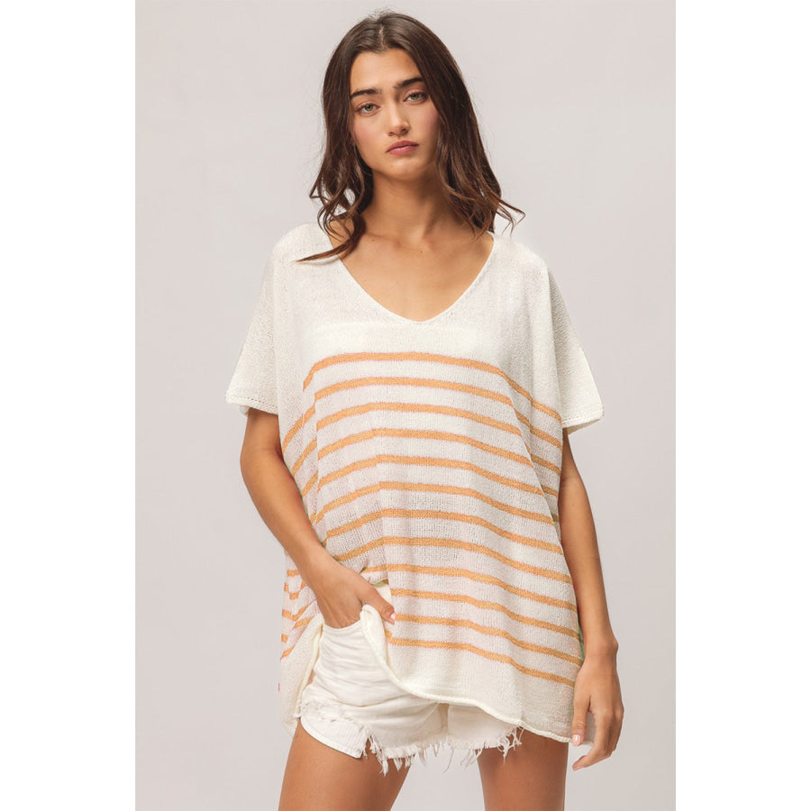 BiBi V Neck Striped Short Sleeve Top Apparel and Accessories