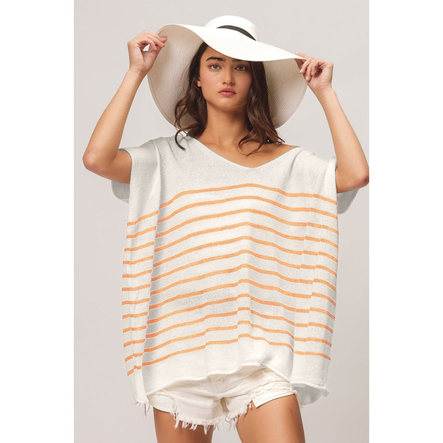 BiBi V Neck Striped Short Sleeve Top Apricot / S Apparel and Accessories