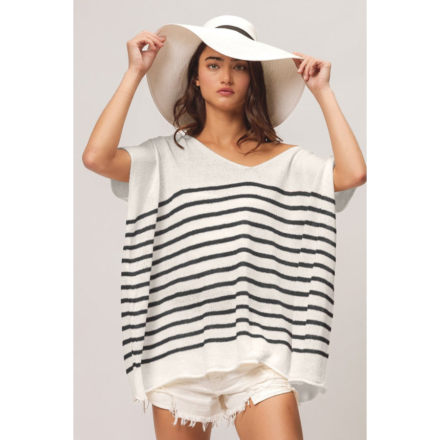 BiBi V Neck Striped Short Sleeve Top Black / S Apparel and Accessories