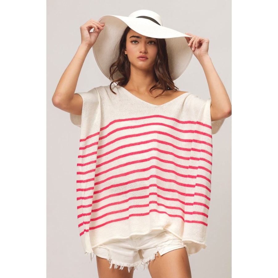 BiBi V Neck Striped Short Sleeve Top Fuchsia / S Apparel and Accessories