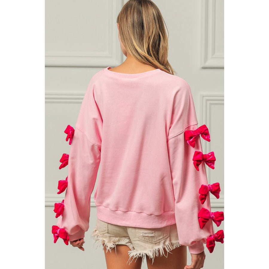 BiBi Velvet Ribbon Bows Long Sleeve Round Neck Sweatshirt Apparel and Accessories