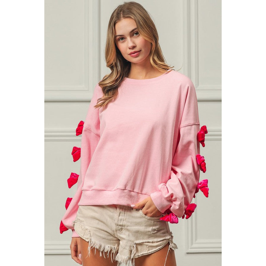 BiBi Velvet Ribbon Bows Long Sleeve Round Neck Sweatshirt Pink / S Apparel and Accessories