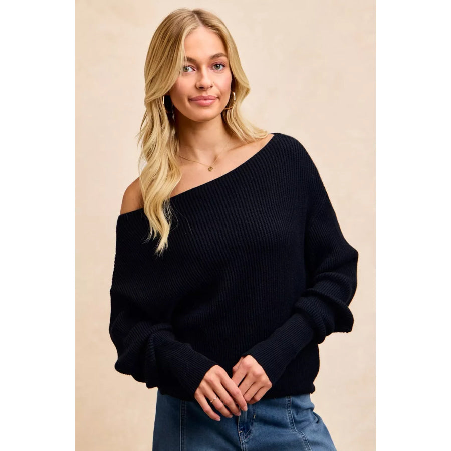 BiBi Waffle Knit Off Shoulder Top BLACK / S Apparel and Accessories