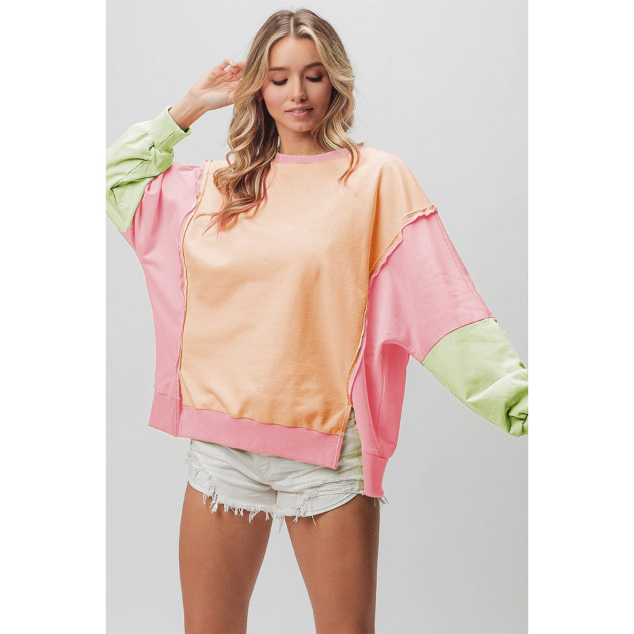 BiBi Washed Color Block Sweatshirt Apricot/Pink/Sage / S Apparel and Accessories