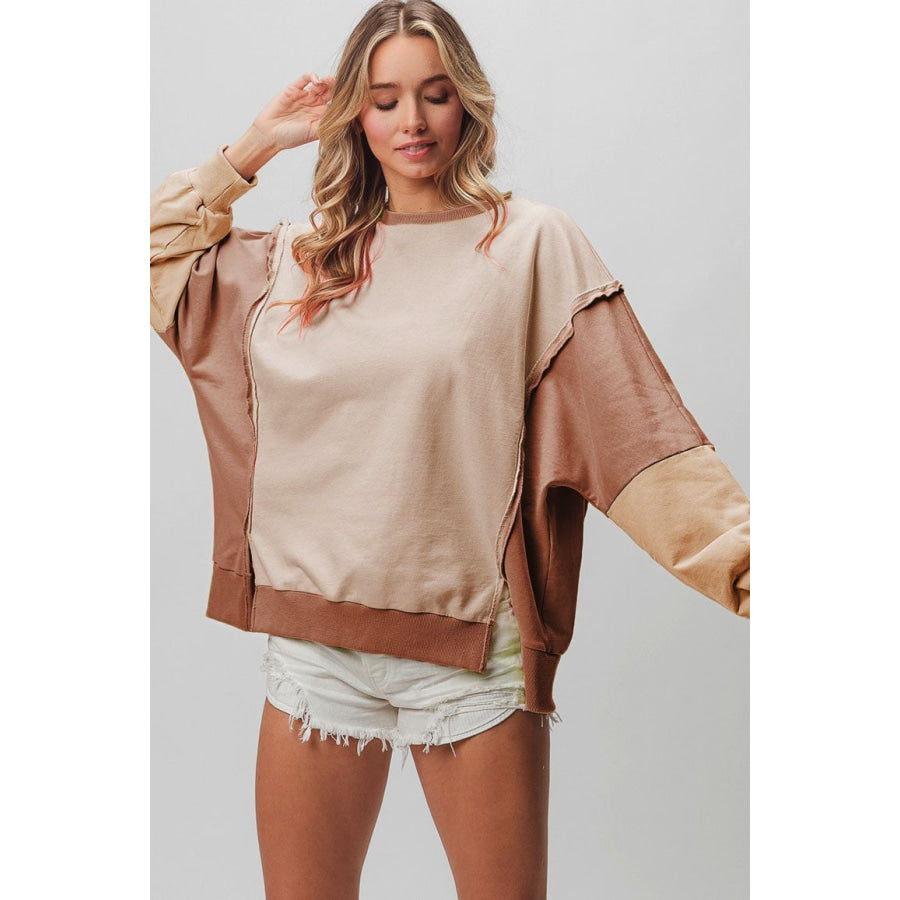 BiBi Washed Color Block Sweatshirt Taupe/Mocha/Oatmeal / S Apparel and Accessories