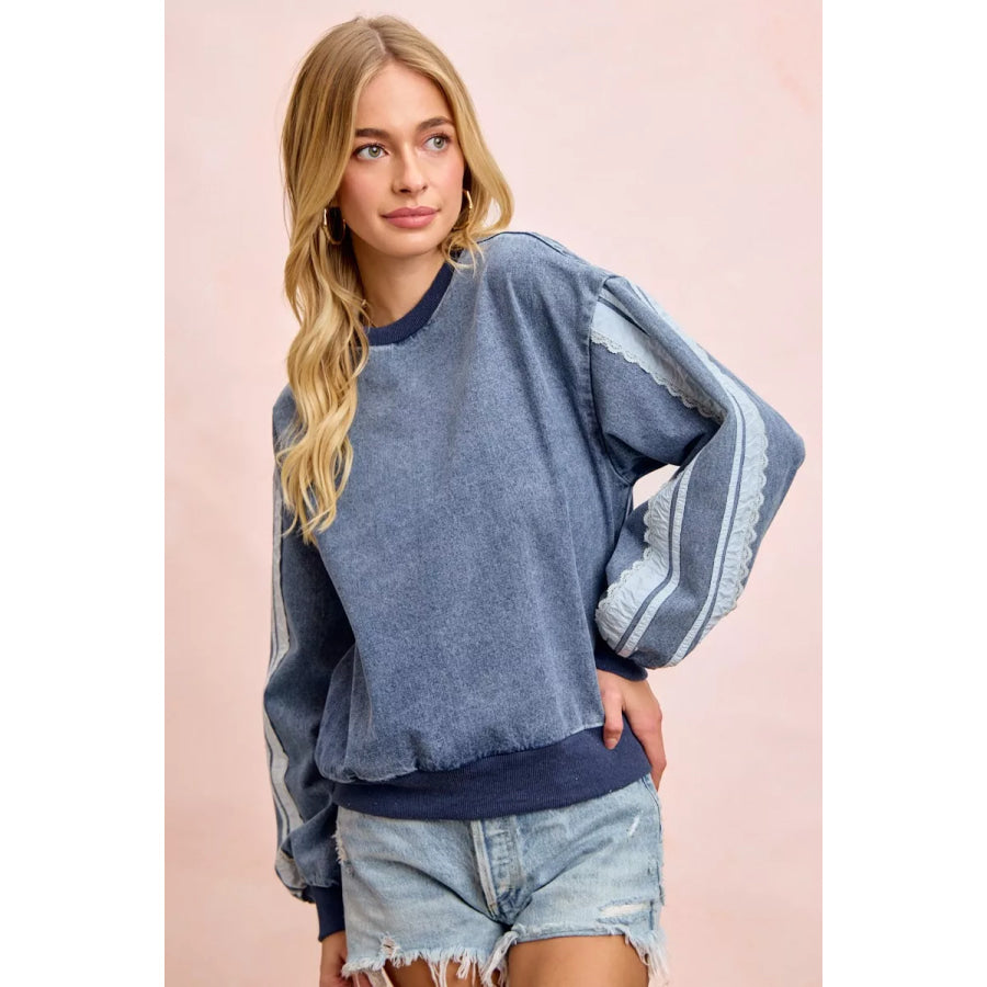 BiBi Washed Denim Lace Contrast Sided Sweatshirt Apparel and Accessories