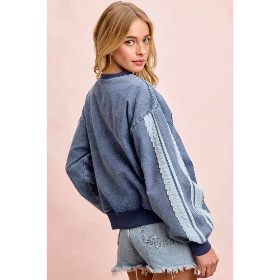BiBi Washed Denim Lace Contrast Sided Sweatshirt Apparel and Accessories