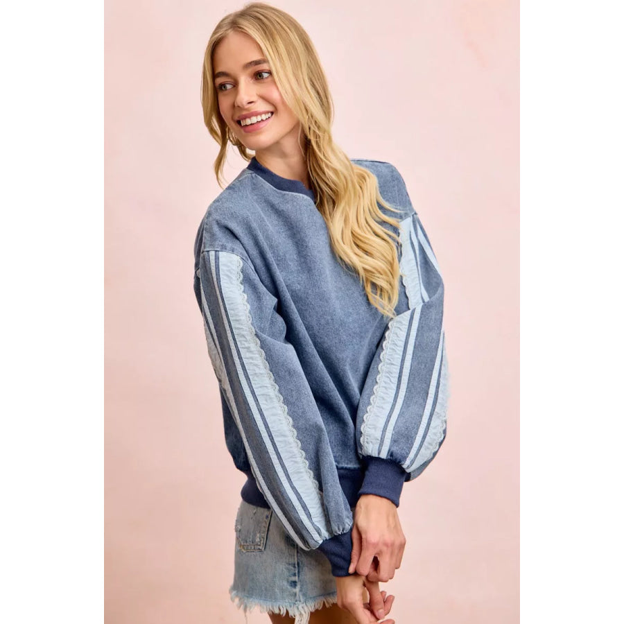 BiBi Washed Denim Lace Contrast Sided Sweatshirt Apparel and Accessories