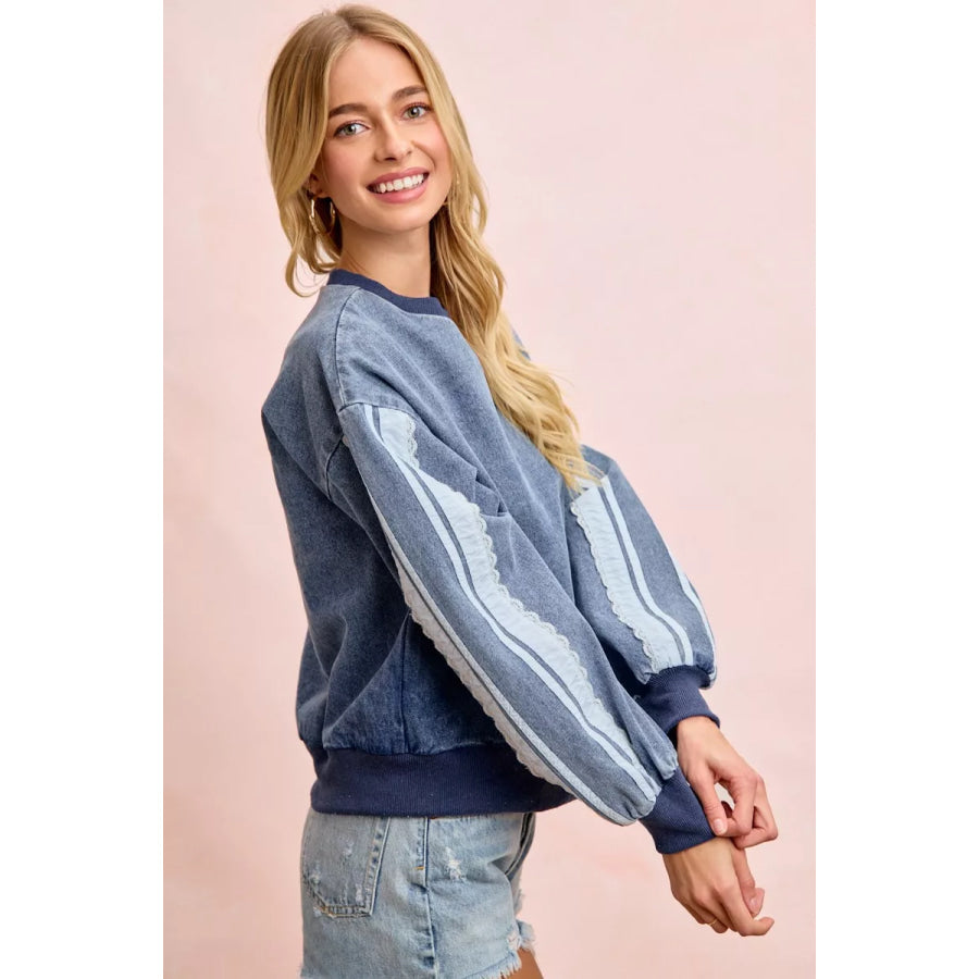 BiBi Washed Denim Lace Contrast Sided Sweatshirt DENIM / S Apparel and Accessories