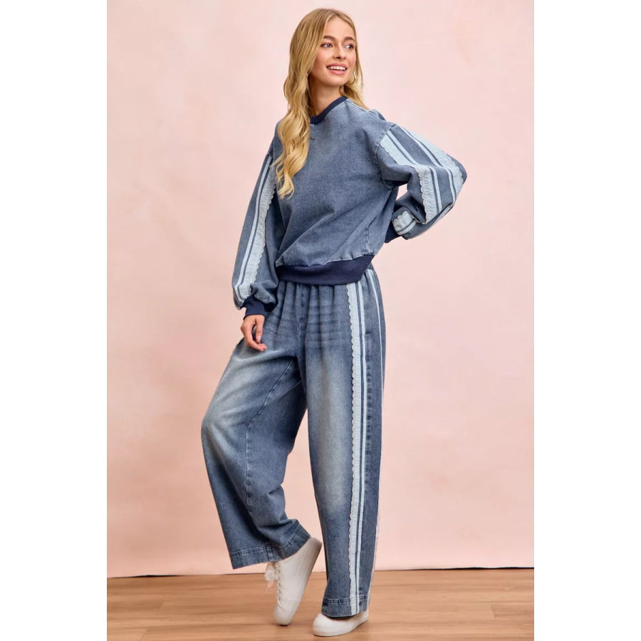 BiBi Washed Denim Lace Contrast Sided Sweatshirt Apparel and Accessories