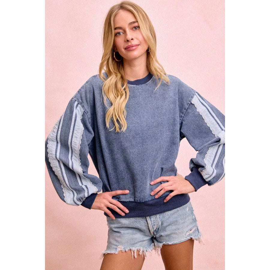 BiBi Washed Denim Lace Contrast Sided Sweatshirt Apparel and Accessories