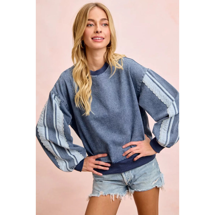 BiBi Washed Denim Lace Contrast Sided Sweatshirt Apparel and Accessories