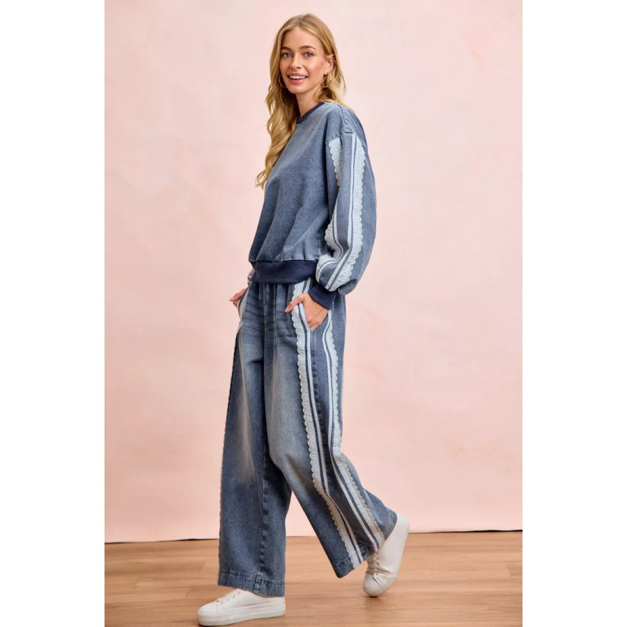 BiBi Washed Denim Lace Contrast Sided Sweatshirt Apparel and Accessories