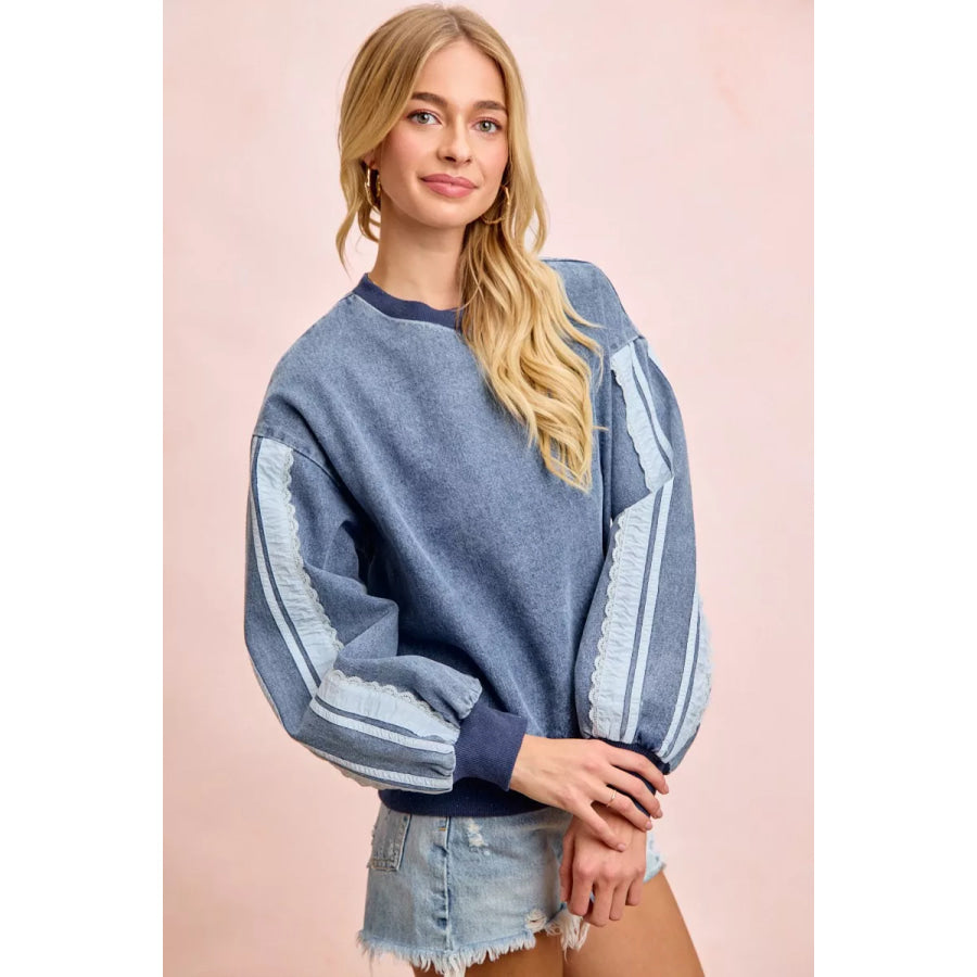 BiBi Washed Denim Lace Contrast Sided Sweatshirt Apparel and Accessories