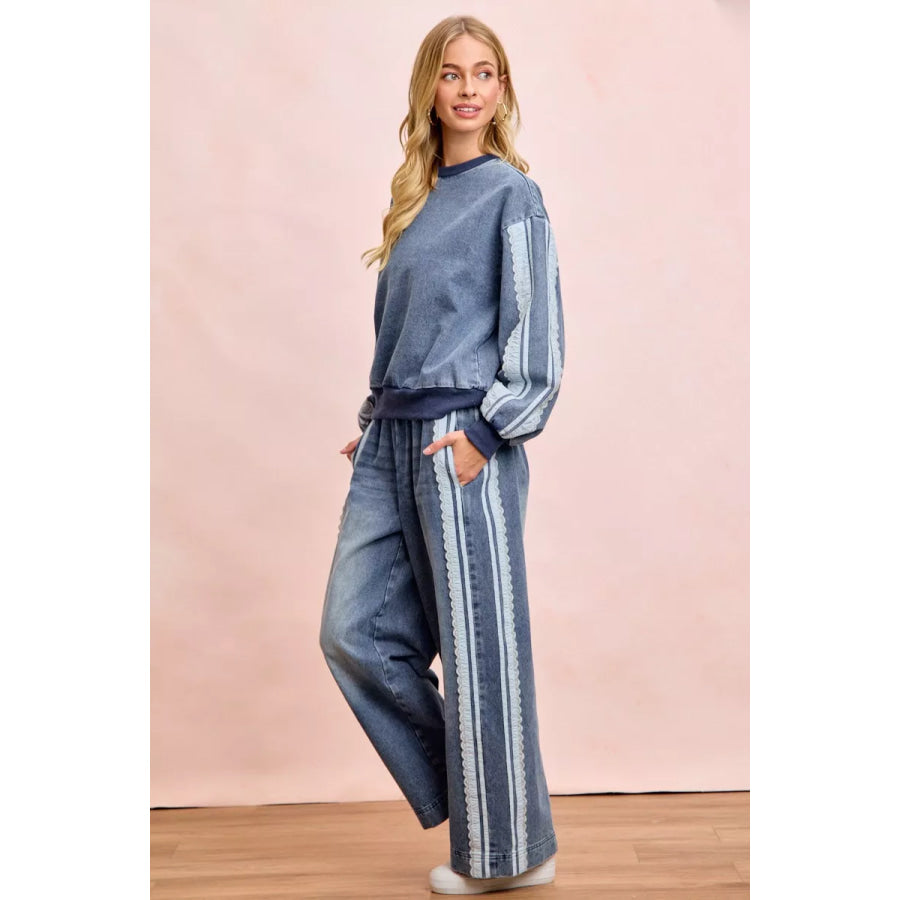 BiBi Washed Denim Lace Contrast Sided Sweatshirt Apparel and Accessories