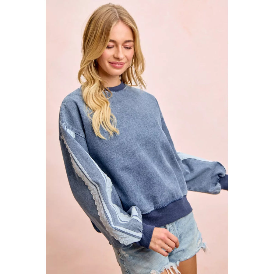 BiBi Washed Denim Lace Contrast Sided Sweatshirt Apparel and Accessories