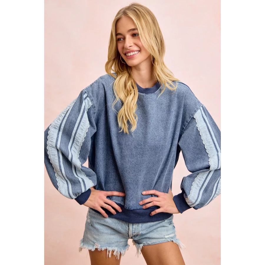 BiBi Washed Denim Lace Contrast Sided Sweatshirt Apparel and Accessories