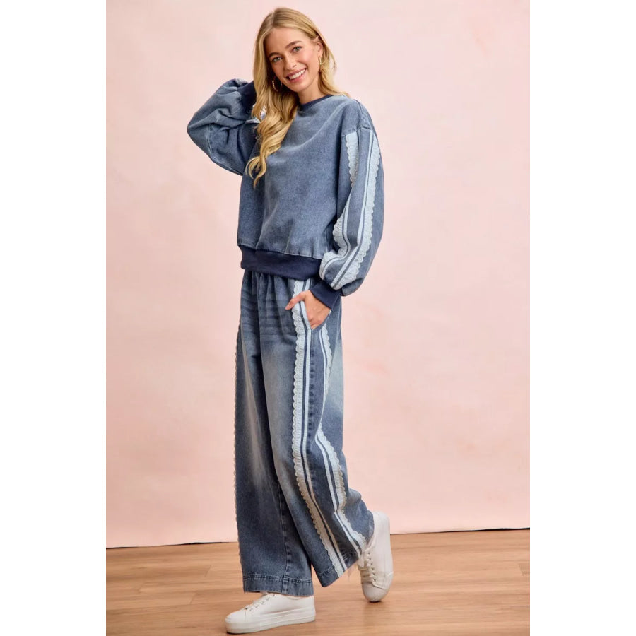 BiBi Washed Denim Lace Contrast Sided Sweatshirt Apparel and Accessories