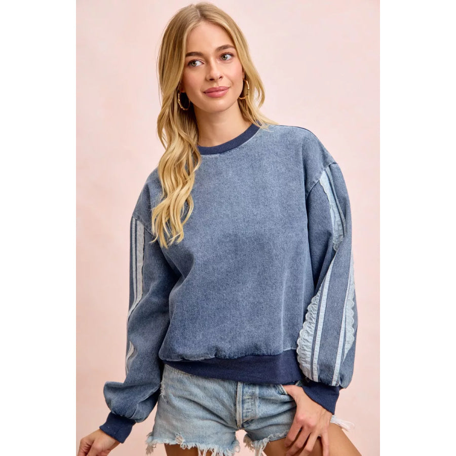 BiBi Washed Denim Lace Contrast Sided Sweatshirt DENIM / S Apparel and Accessories