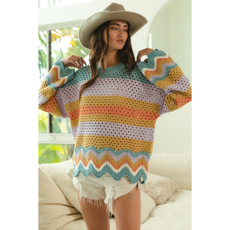 BiBi Wavy Hem Openwork Contrast Round Neck Sweater Vintage lilac / S Apparel and Accessories