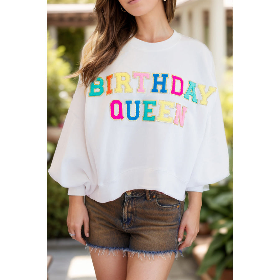 BIRTHDAY QUEEN Sequin Round Neck Long Sleeve Sweatshirt White / S Apparel and Accessories