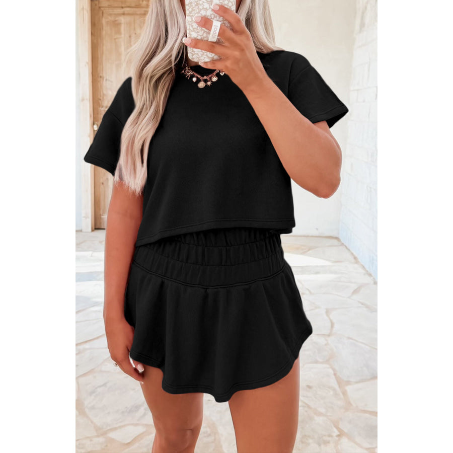 Black 2pcs Cropped Tee and Ruffle High Waist Skort Set Black / S / 75% Polyester + 20% Cotton + 5% Elastane Sale (50% OFF)/20%