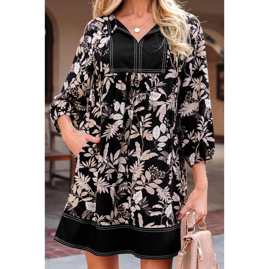 Black 3/4 Sleeve Botanical Print Split Neck Loose Mini Dress Dresses/Mini Dresses