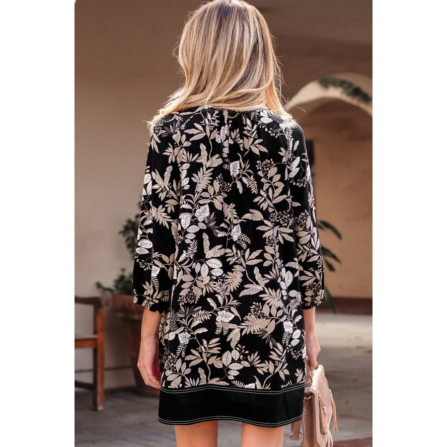 Black 3/4 Sleeve Botanical Print Split Neck Loose Mini Dress Dresses/Mini Dresses