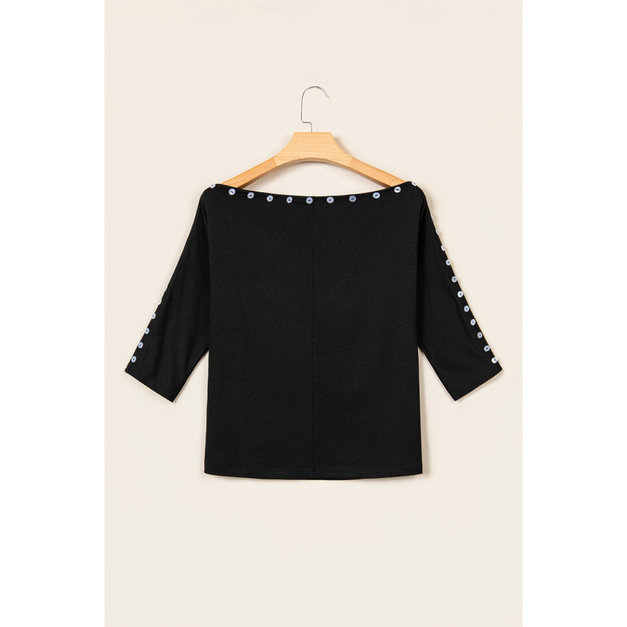 Black 3/4 Sleeve Button Detail Off Shoulder Top Tops/Tops & Tees