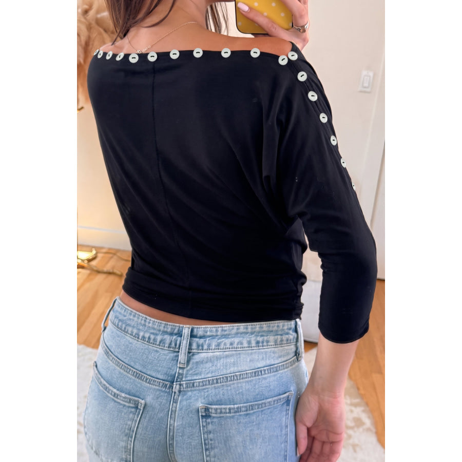 Black 3/4 Sleeve Button Detail Off Shoulder Top / S Tops/Tops & Tees
