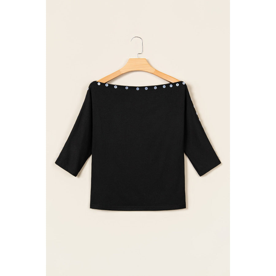 Black 3/4 Sleeve Button Detail Off Shoulder Top Tops/Tops & Tees