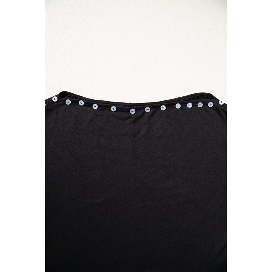 Black 3/4 Sleeve Button Detail Off Shoulder Top Tops/Tops & Tees