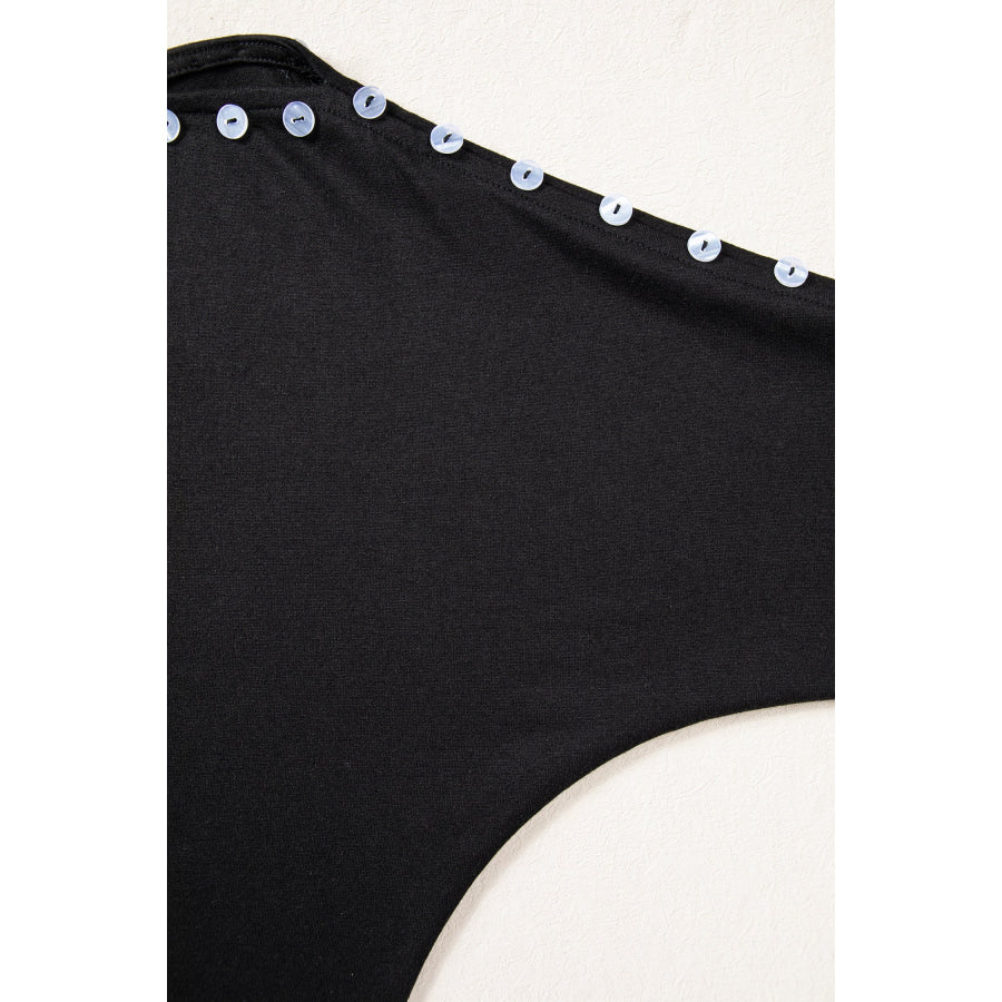 Black 3/4 Sleeve Button Detail Off Shoulder Top Tops/Tops & Tees