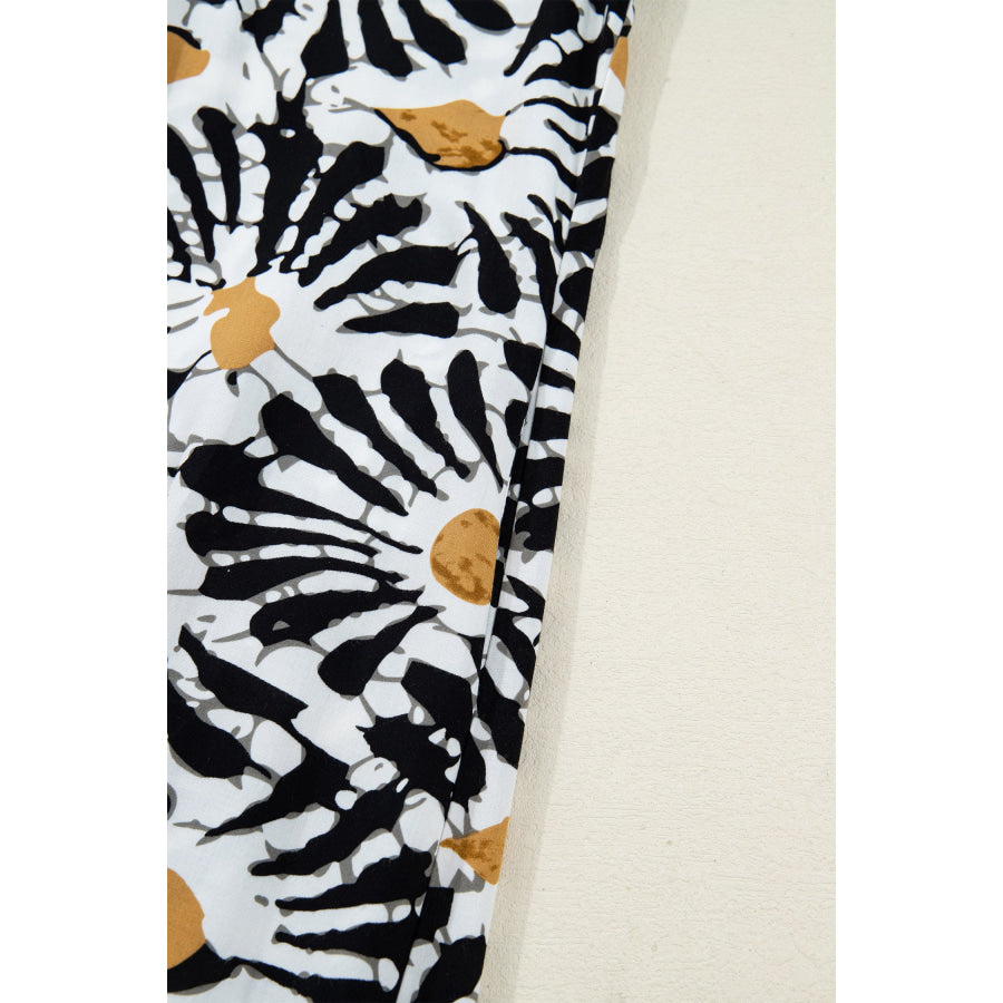 Black Abstract Floral Print Split V Neck Long Dress with Sleeves Dresses/Maxi Dresses