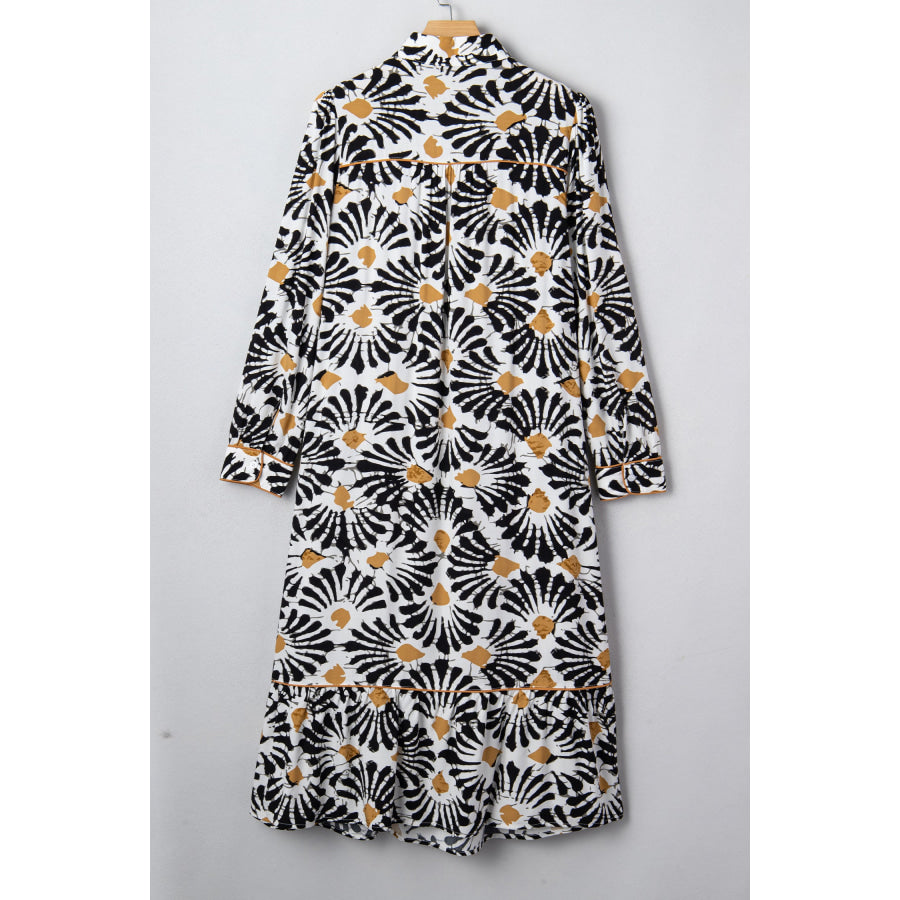 Black Abstract Floral Print Split V Neck Long Dress with Sleeves Dresses/Maxi Dresses