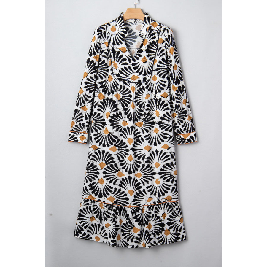 Black Abstract Floral Print Split V Neck Long Dress with Sleeves Black / S / 100% Viscose Dresses/Maxi Dresses
