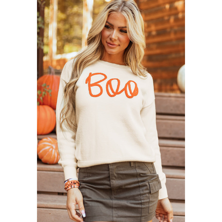 Black Boo Knitted Pattern Ribbed Edge Drop Shoulder Sweater Apricot / S / 50% Viscose + 28% Polyester + 22% Polyamide Sweaters &