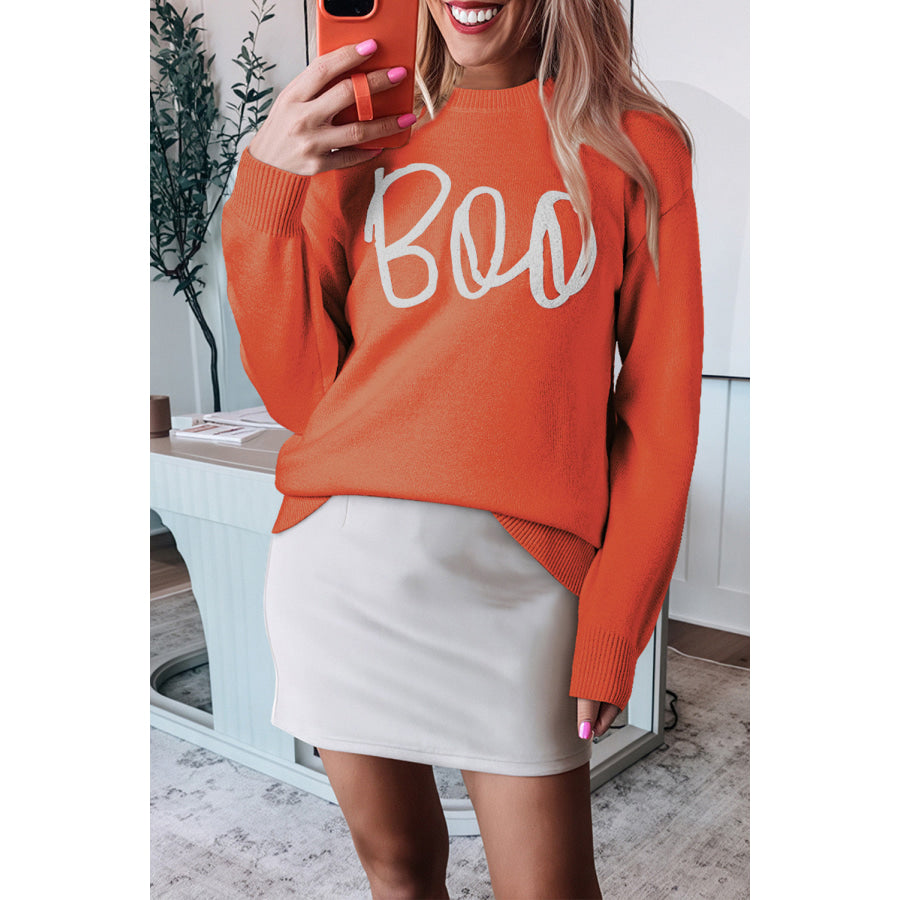 Black Boo Knitted Pattern Ribbed Edge Drop Shoulder Sweater Orange / S / 50% Viscose + 28% Polyester + 22% Polyamide Sweaters &