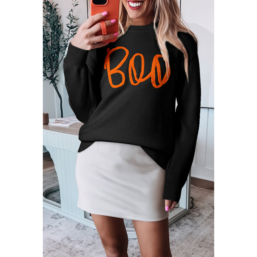 Black Boo Knitted Pattern Ribbed Edge Drop Shoulder Sweater / S / 50% Viscose + 28% Polyester + 22% Polyamide Sweaters & Cardigans/Sweaters