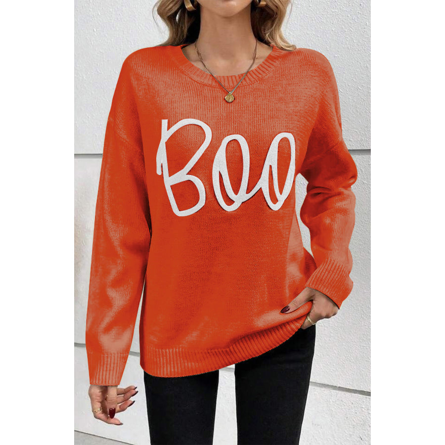 Black Boo Knitted Pattern Ribbed Edge Drop Shoulder Sweater Sweaters & Cardigans/Sweaters