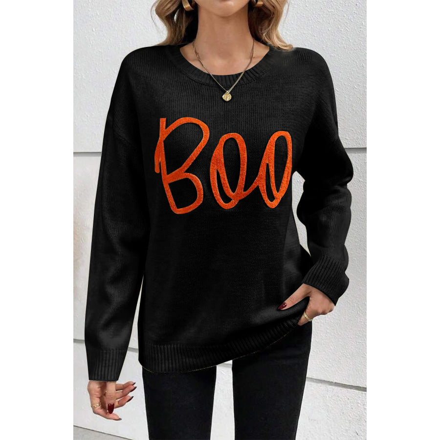 Black Boo Knitted Pattern Ribbed Edge Drop Shoulder Sweater Sweaters & Cardigans/Sweaters